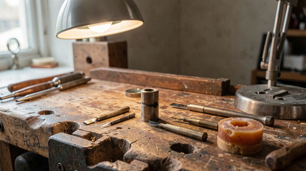 A jeweller's bench under a single adjustable lamp, a loupe and a set of gravers laid on a worn bench pin, a half-set collet held in shellac in the foreground.