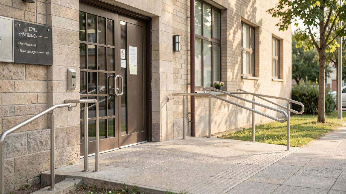 A level entrance to a public building with a gentle ramp and handrails, photographed in soft daylight, wide shot showing the door and the path.