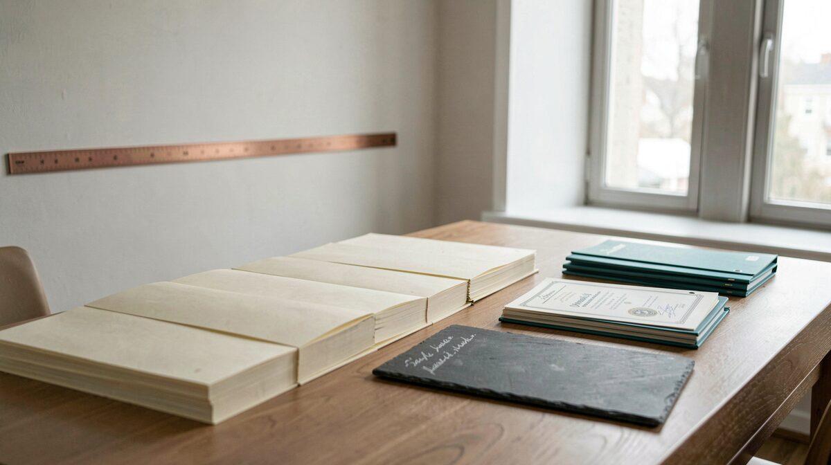 A quiet reading room with ivory paper files on a long table, a slate inked notebook open beside a stack of printed certificates, teal folder spines, a single copper rule line on the wall, soft north light from a tall window.