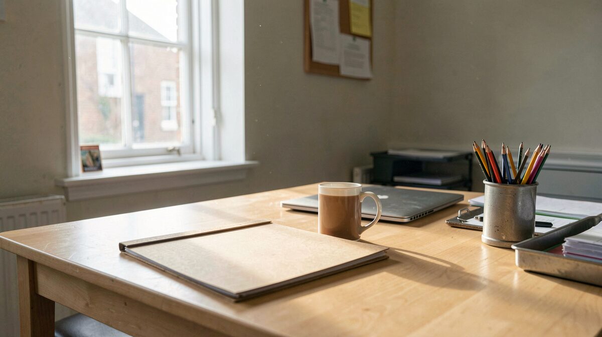 A pale wooden desk in a British employment office: a printed CV, a closed folder, a mug of tea and a closed laptop under morning light from a sash window.