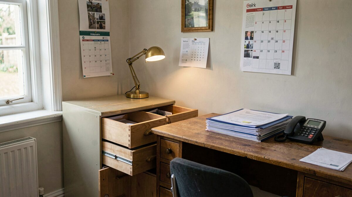 A pale wooden desk in a British employment office with a printed CV, a closed folder, a mug of tea and a closed laptop beside a sash window in morning light.