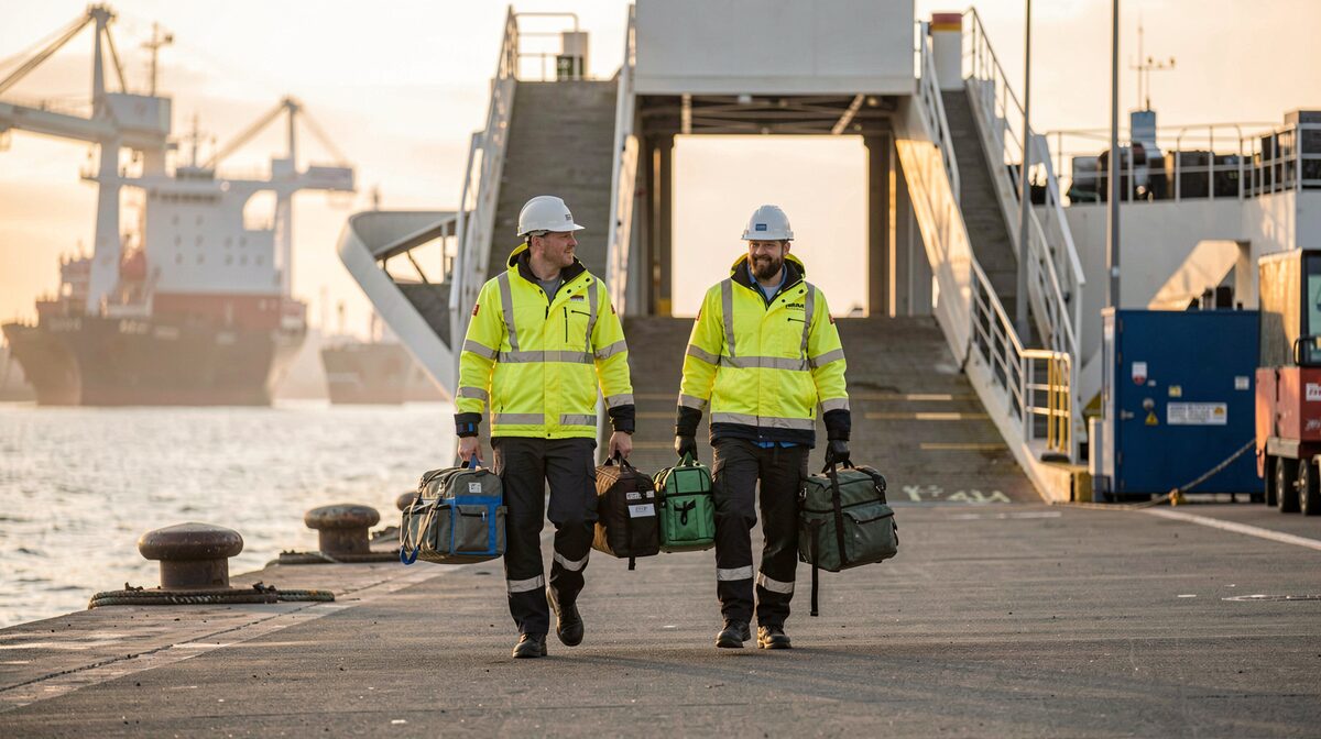 A crew changeover at a port terminal at dawn, two seafarers in high-visibility jackets carrying kit bags along a quay, a vessel's gangway behind them, low golden light, wide shot.